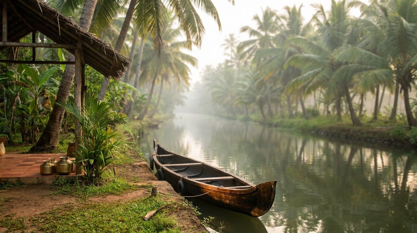 Morning mist over a canal among coconut palms in Kerala