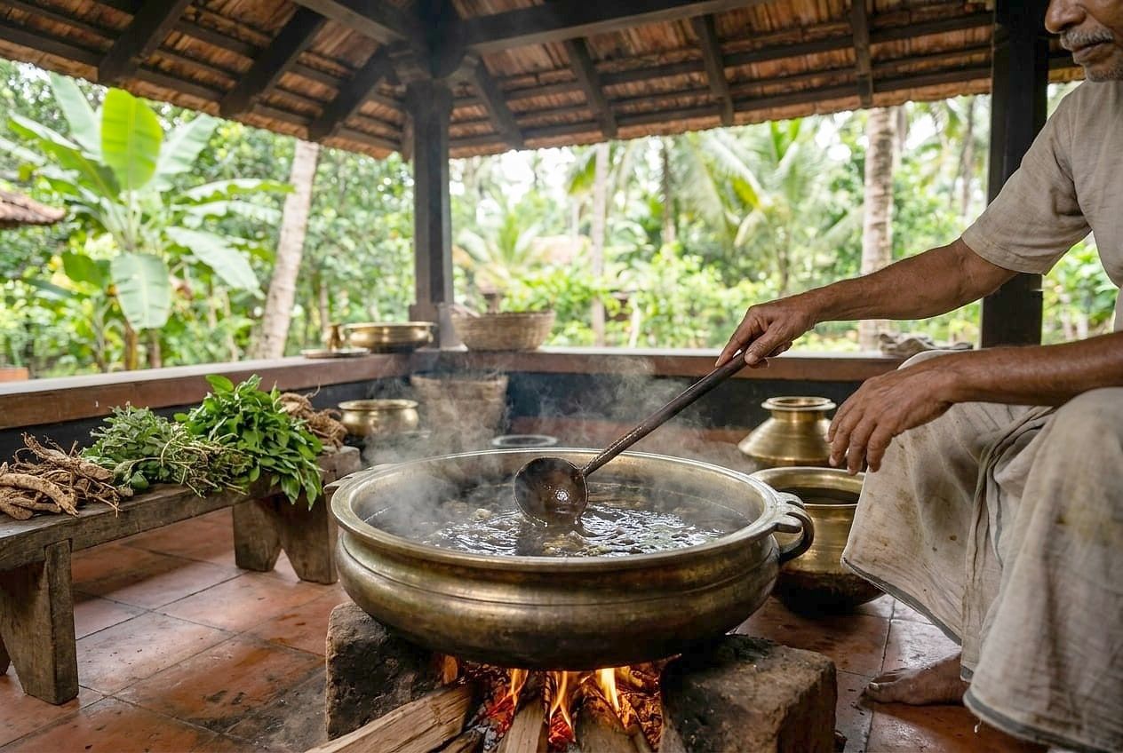 Medicated oil being cooked in a large bronze cauldron over a fire, with bundles of herbs beside it