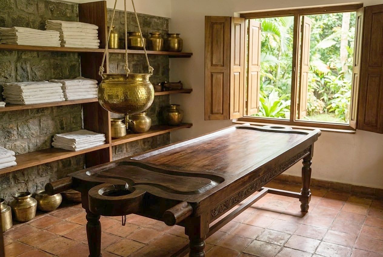 A Kerala treatment room: a wooden table, a brass shirodhara vessel above the headrest, shutters open onto the garden