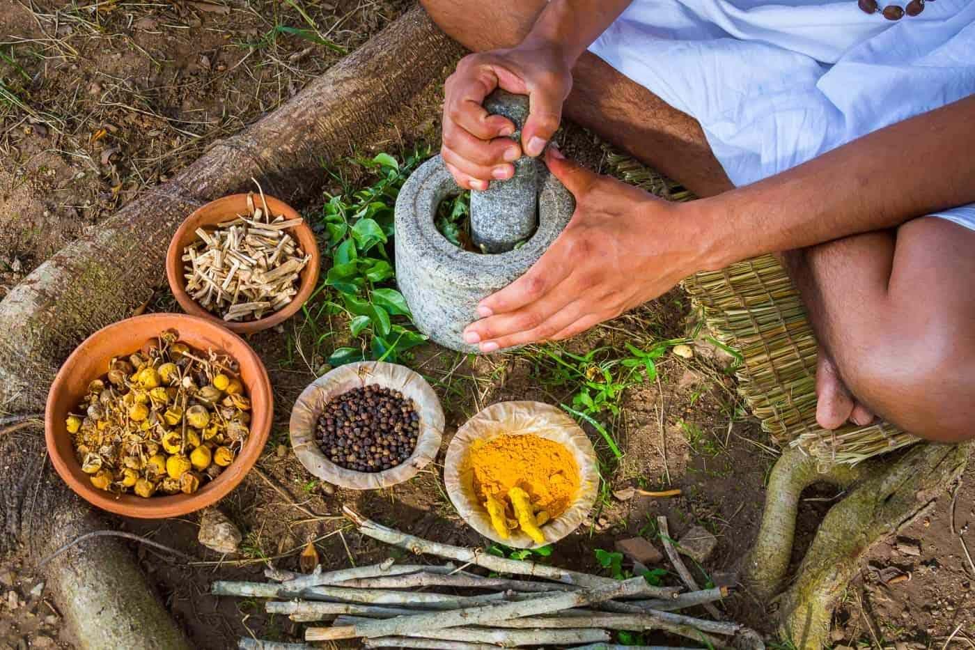 Fresh leaves being ground in a stone mortar, with bowls of dried herbs, black pepper and turmeric beside it
