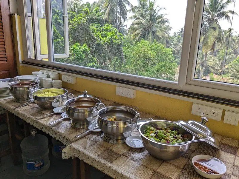 Buffet of vegetarian dishes in pots