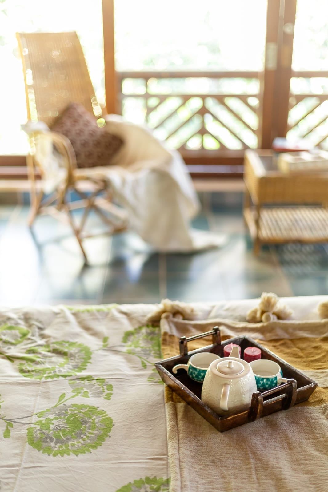 A tea tray on the veranda at Shanti Makaan, Rishikesh