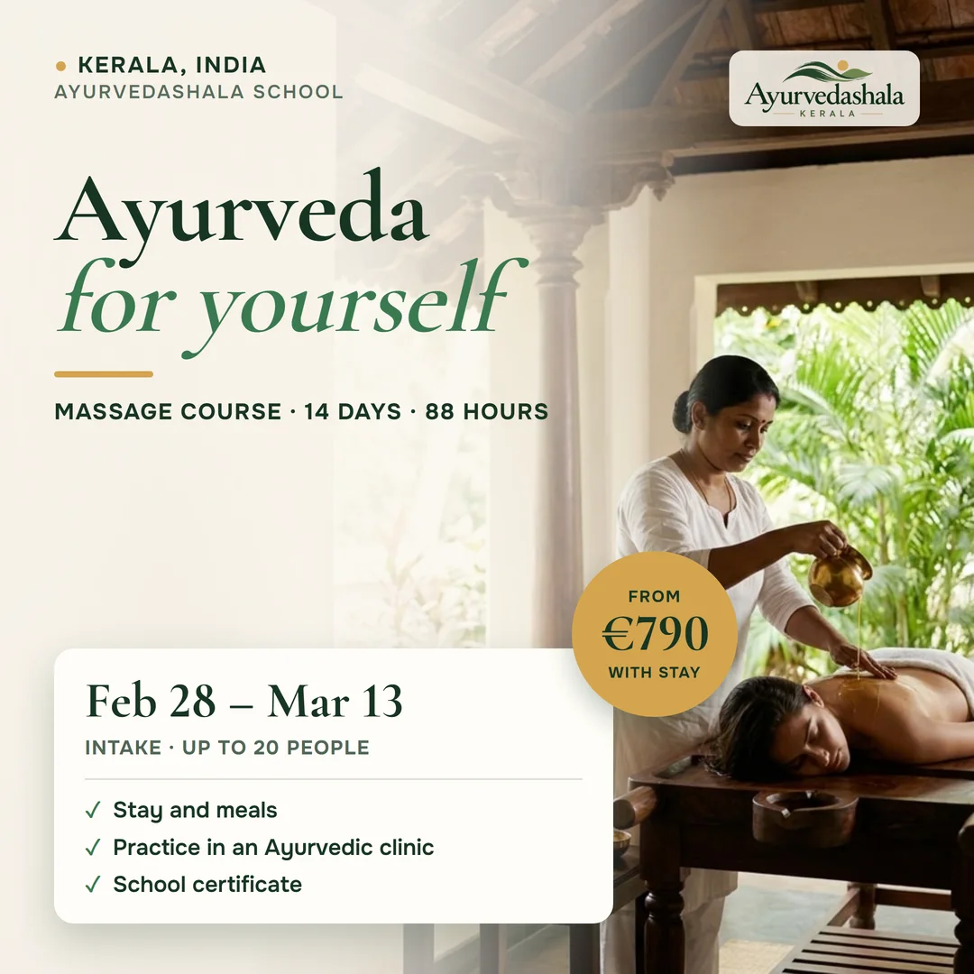 Ayurvedic massage course in Kerala, 14 days, Feb 28 – Mar 13, from €790