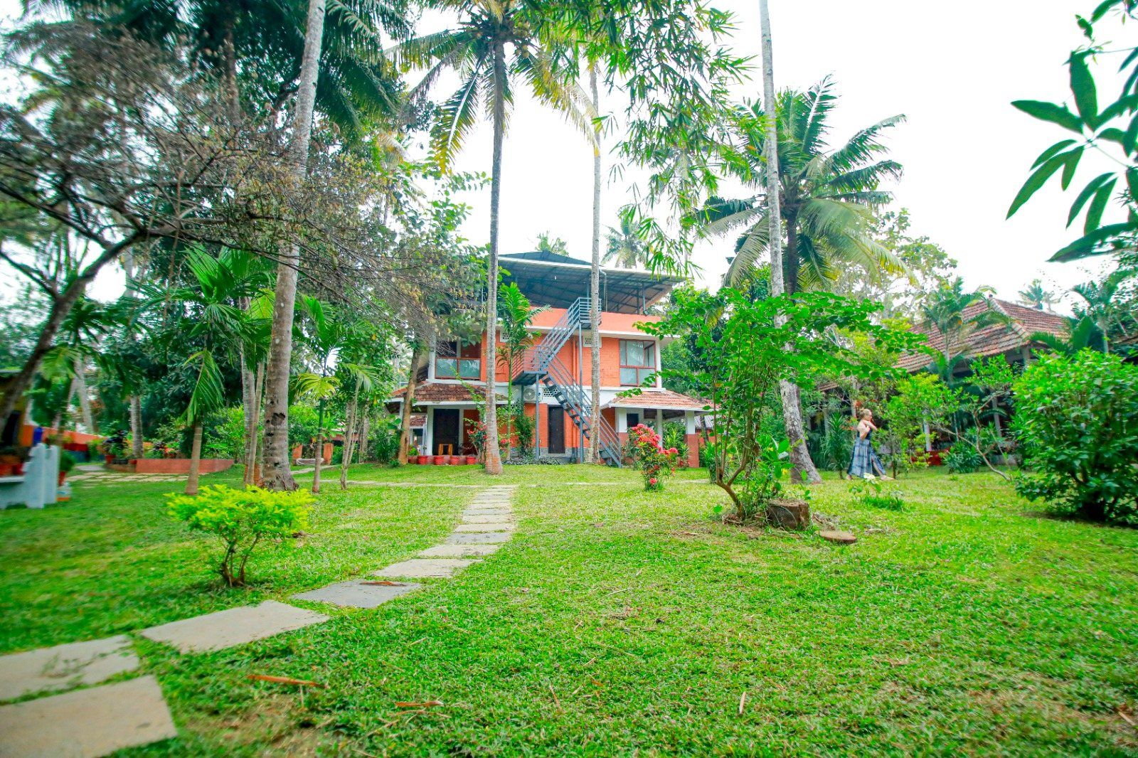Green lawn and palm trees in the center's grounds